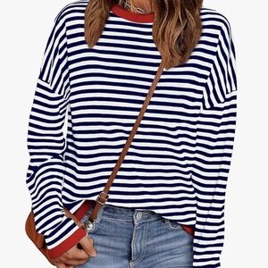 Wiholl women's long sleeve blue striped top, size small